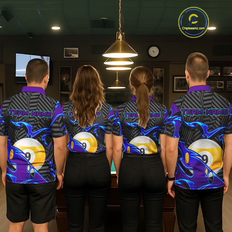 Personalized Blue Purple 9 Ball Pool Billiards Shirts For Men, Billiard Team Jersey Polo &1/4 Zip TDM6403
