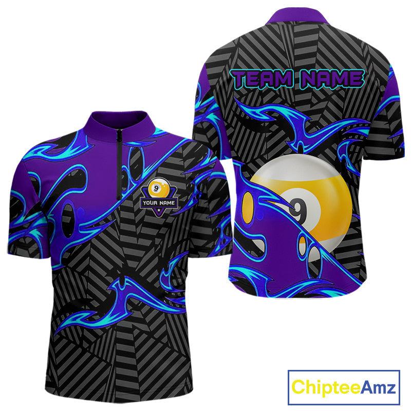 Personalized Blue Purple 9 Ball Pool Billiards Shirts For Men, Billiard Team Jersey Polo &1/4 Zip TDM6403