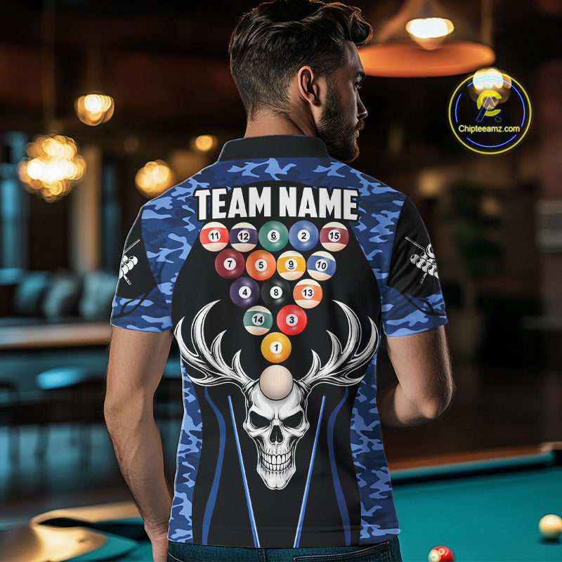 Personalized Blue Camo Skull Billiard Shirt For Men, 8 Ball Billiard Team Jersey Polo & 1/4 Zip TDM6399