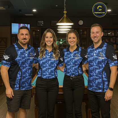 Personalized Blue Camo Skull Billiard Shirt For Women, 8 Ball Billiard Team Jersey Polo & 1/4 Zip TDM6399