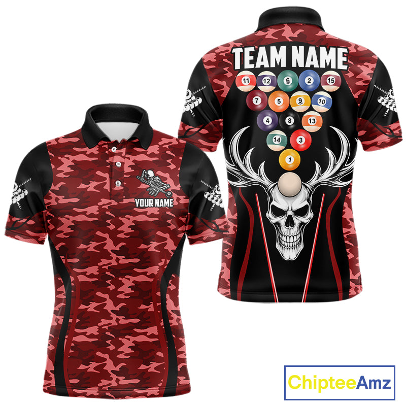 Personalized Red Camo Skull Billiard Shirt For Men, 8 Ball Billiard Team Jersey Polo & 1/4 Zip TDM6400