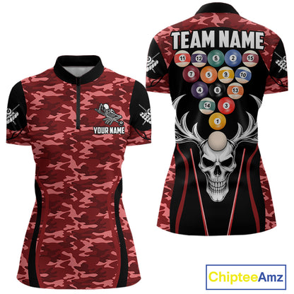 Personalized Red Camo Skull Billiard Shirt For Women, 8 Ball Billiard Team Jersey Polo & 1/4 Zip TDM6400