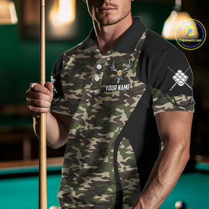Personalized Green Camo Skull Billiard Shirt For Men, 9 Ball Billiard Team Jersey Polo & 1/4 Zip TDM6401