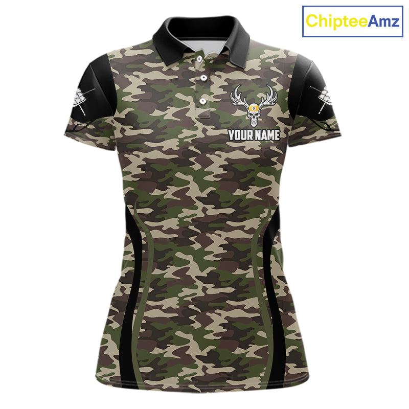 Personalized Green Camo Skull Billiard Shirt For Women, 9 Ball Billiard Team Jersey Polo & 1/4 Zip TDM6401