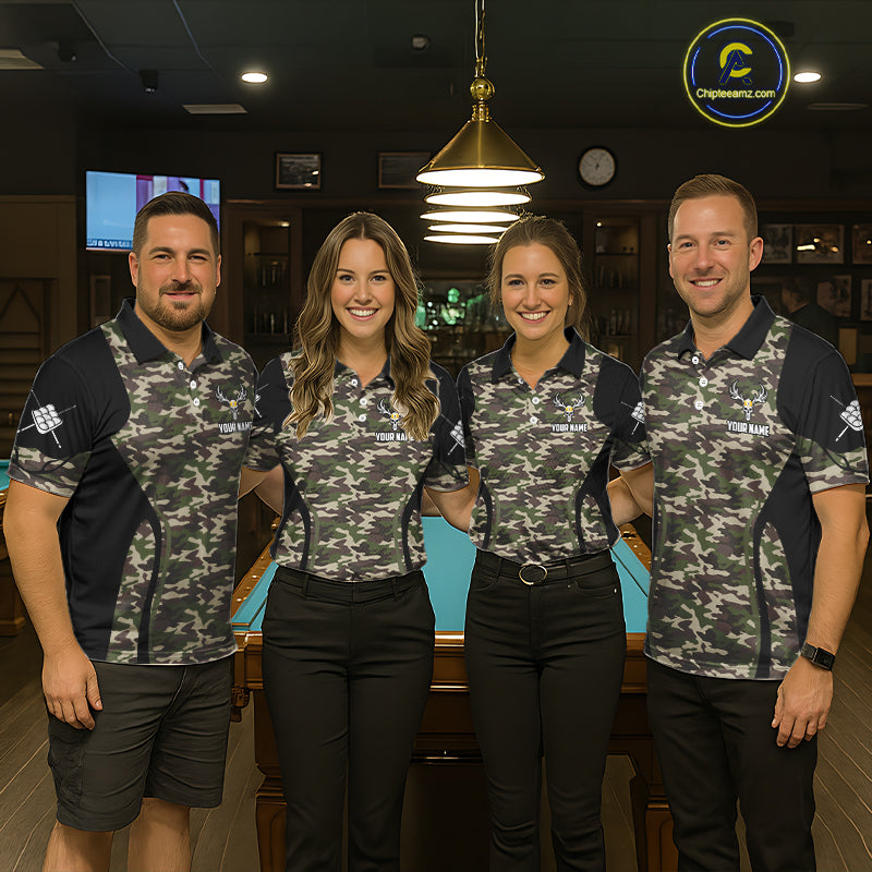 Personalized Green Camo Skull Billiard Shirt For Women, 9 Ball Billiard Team Jersey Polo & 1/4 Zip TDM6401