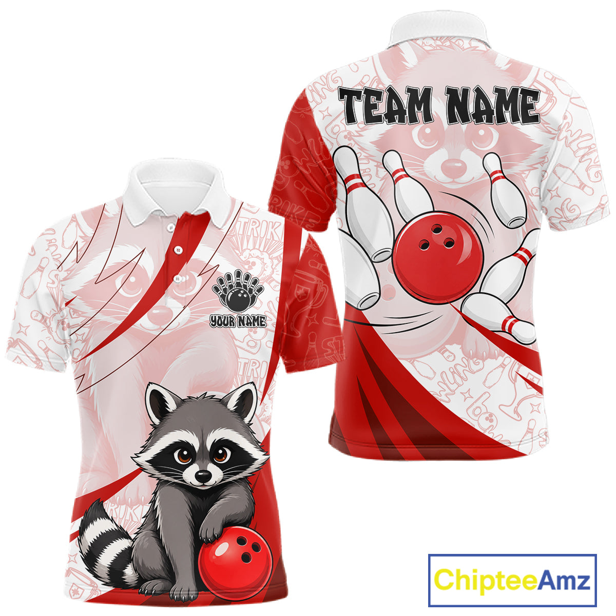 Custom Red Funny Raccoon Bowling Jersey For Men Custom Bowling Shirts Team Polo & Quarter Zip TDM6592