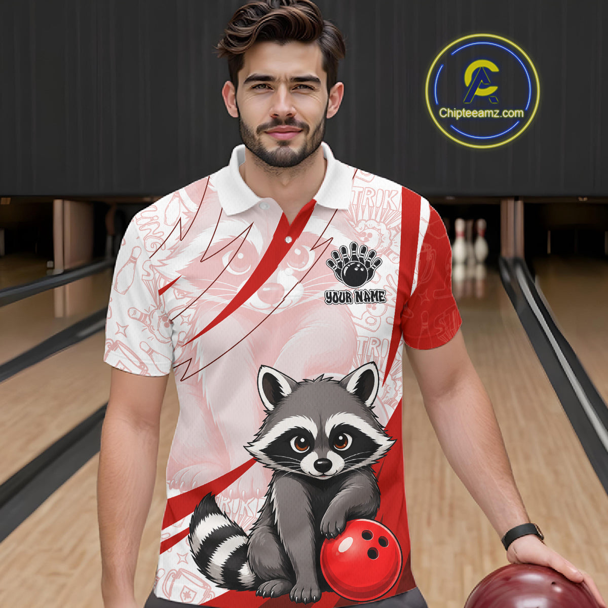 Custom Red Funny Raccoon Bowling Jersey For Men Custom Bowling Shirts Team Polo & Quarter Zip TDM6592