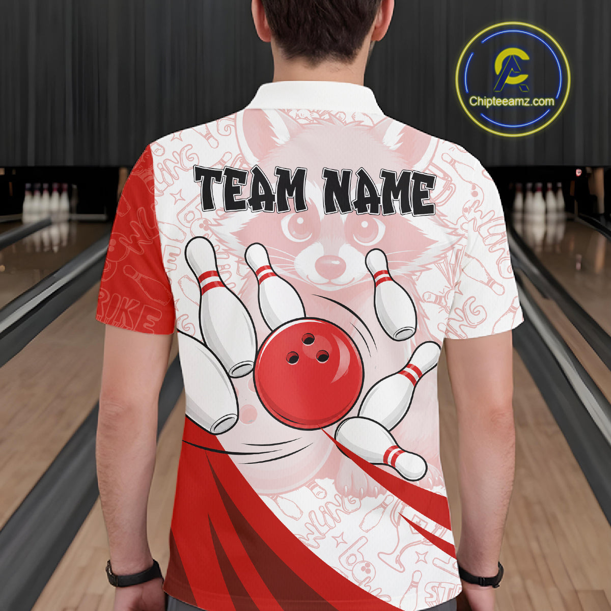 Custom Red Funny Raccoon Bowling Jersey For Men Custom Bowling Shirts Team Polo & Quarter Zip TDM6592