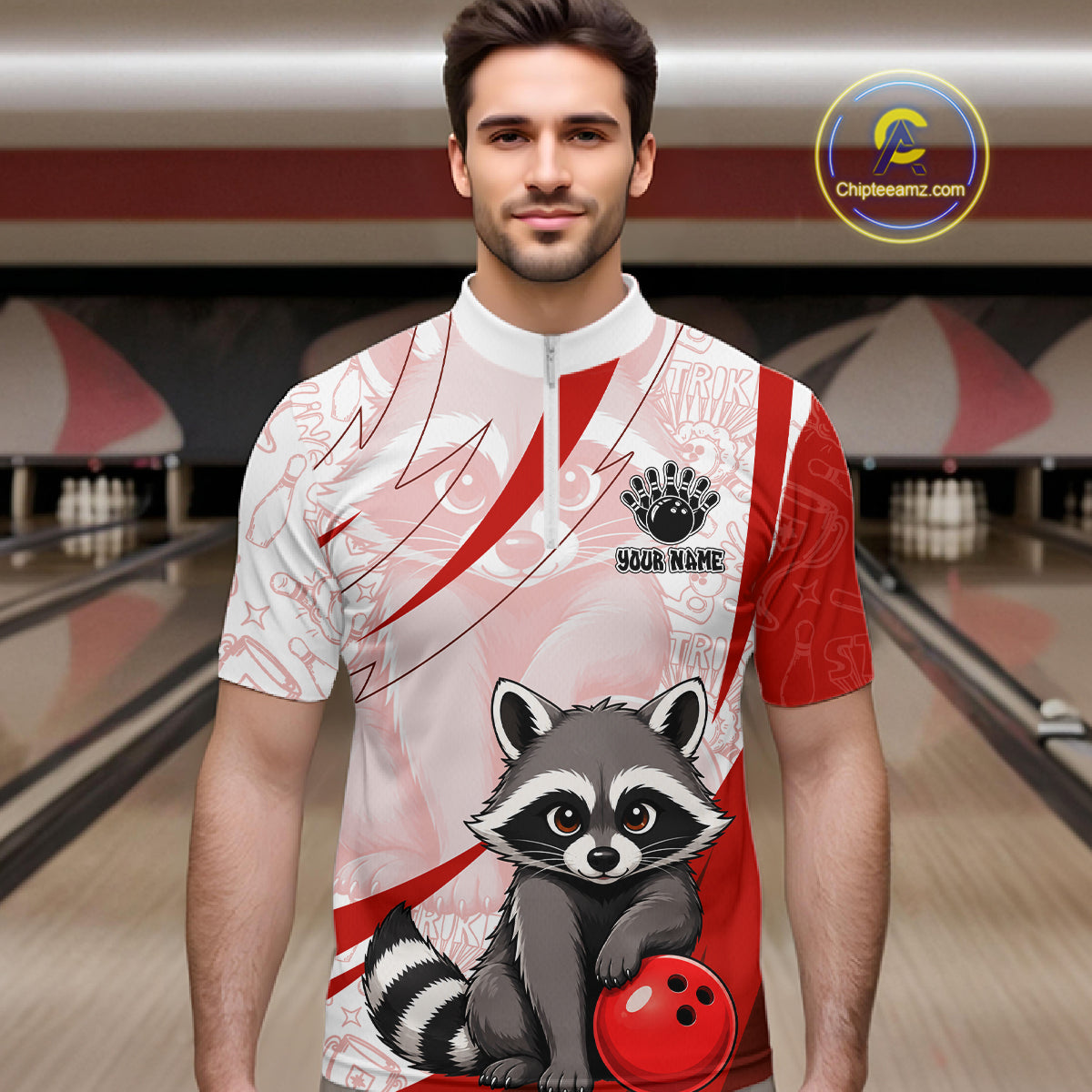 Custom Red Funny Raccoon Bowling Jersey For Men Custom Bowling Shirts Team Polo & Quarter Zip TDM6592