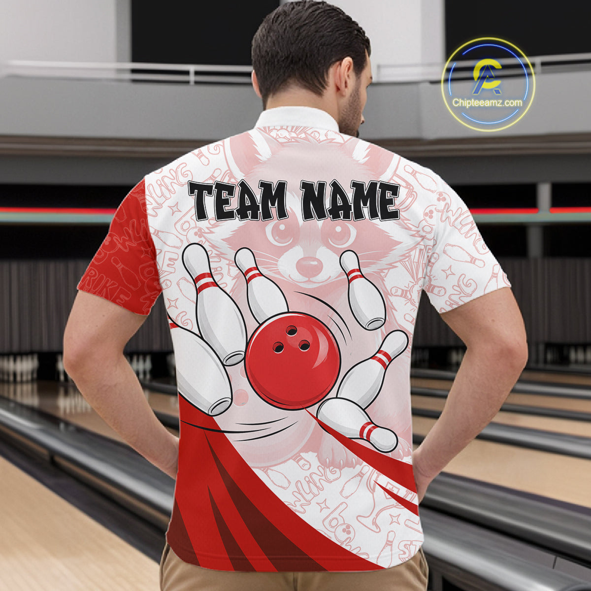Custom Red Funny Raccoon Bowling Jersey For Men Custom Bowling Shirts Team Polo & Quarter Zip TDM6592