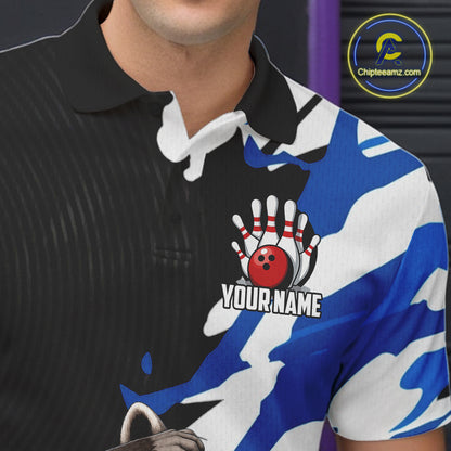 Person wearing a sports jersey with a bowling design and customizable text.