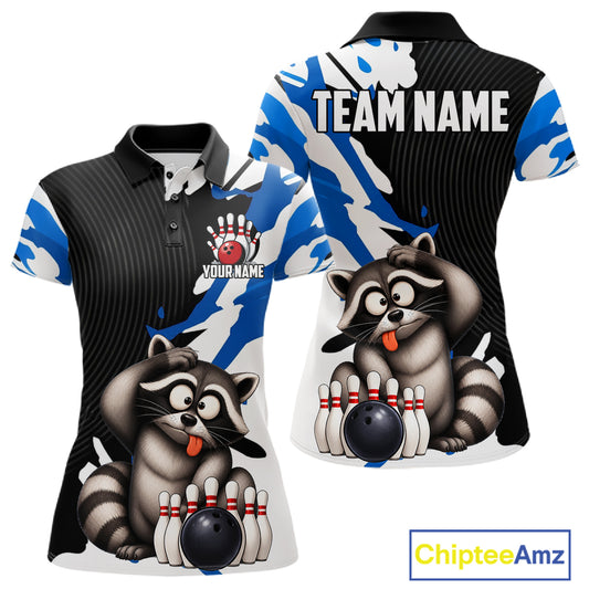 Women's Polo shirt with raccoon graphics and customizable text on a white background