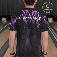 Load image into Gallery viewer, Back view of man wearing a black and purple thunder lightning lion bowling polo shirt, custom bowling team jersey design.