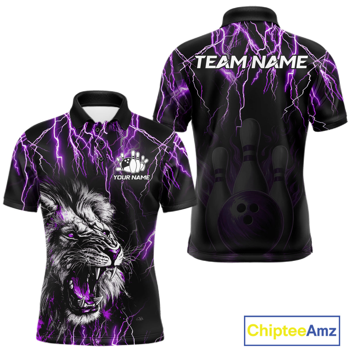 Black and purple thunder lightning lion bowling team polo shirt for men with custom league graphics.