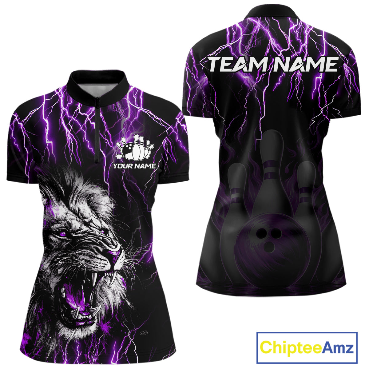 Black and purple thunder lightning lion bowling team polo shirt for women with custom league graphics.