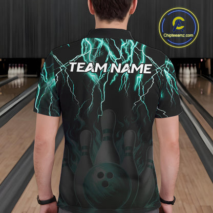Back view of man wearing a black and turquoise thunder lightning lion bowling polo shirt, custom bowling team jersey design.