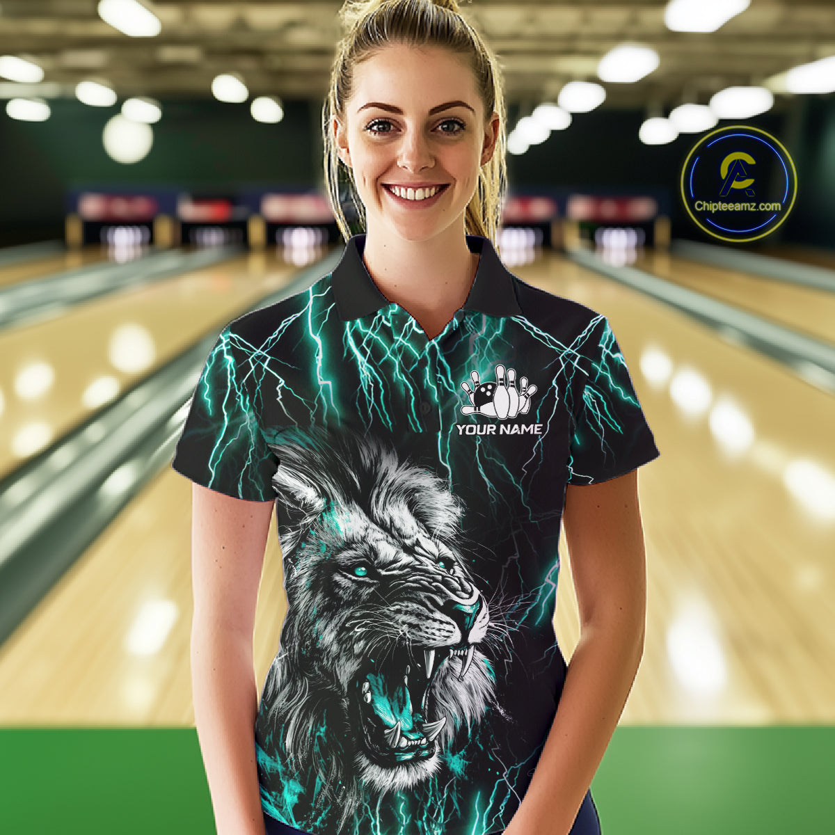 Woman wearing a black and turquoise thunder lightning lion bowling polo shirt front view, custom bowling league jersey for women.