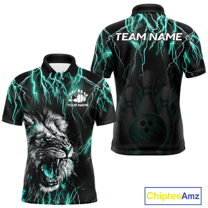 Black and turquoise thunder lightning lion bowling team polo shirt for men with custom league graphics.