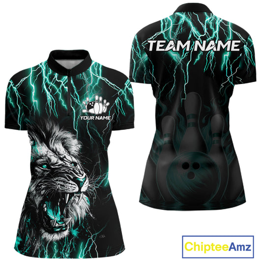 Black and turquoise thunder lightning lion quarter zip bowling shirt for women, custom bowling team jersey and tournament apparel.