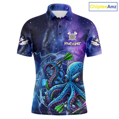 Funny Octopus Blue Purple Galaxy Darts Polo Shirt Featuring Vibrant Ocean Inspired Galaxy Artwork for Dart League Players, Team Competition, and Tournament Events