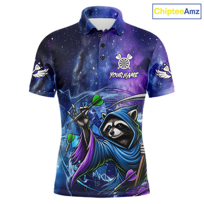 Funny Raccoon Wizard Blue Purple Galaxy Darts Polo Shirt Featuring Magical Galaxy Artwork for Dart League Players, Team Competition, and Tournament Events