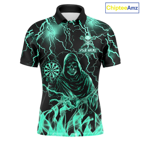 Turquoise Grim Reaper Fire Flame Darts Polo Shirt Featuring Thunder Lightning Artwork for Dart League Players, Team Competition, and Championship Tournament Events