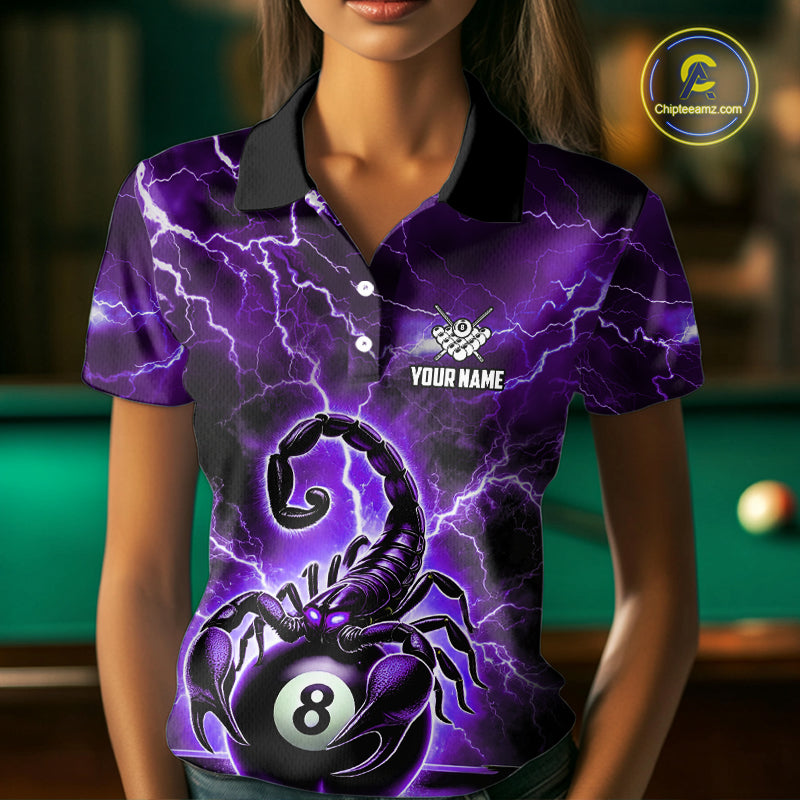 Purple Thunder Lightning Scorpion 8 Ball Pool Polo & 1/4 Zip For Women Custom Billiard Team Jersey TDM4862