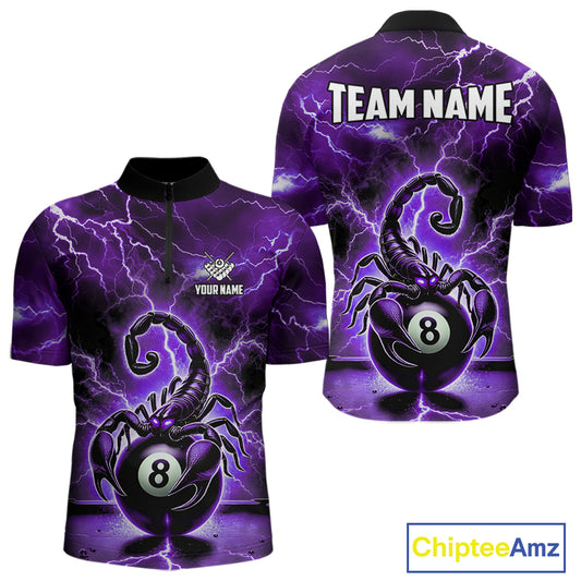 Purple Thunder Lightning Scorpion 8 Ball Pool Polo & 1/4 Zip For Men Custom Billiard Team Jersey TDM4862