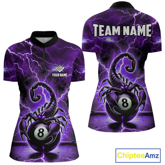 Purple Thunder Lightning Scorpion 8 Ball Pool Polo & 1/4 Zip For Women Custom Billiard Team Jersey TDM4862