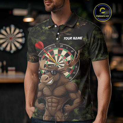 Personalized Green Camo Funny Moose Darts Shirts For Men Custom Darts Jersey Team Polo & 1/4 Zip TDM5301