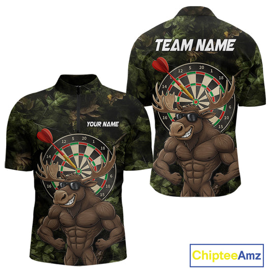 Personalized Green Camo Funny Moose Darts Shirts For Men Custom Darts Jersey Team Polo & 1/4 Zip TDM5301