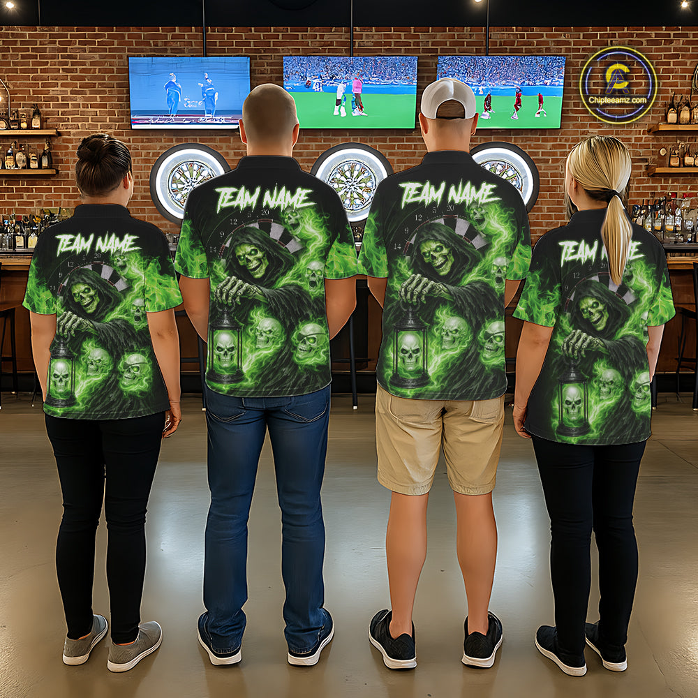 Green Grim Reaper Flame Darts Shirt For Women Custom Skull Darts League Jersey Team Polo & 1/4 Zip TDM5561