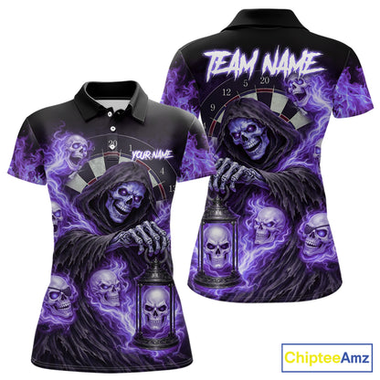Purple Grim Reaper Flame Darts Shirt For Women Custom Skull Darts League Jersey Team Polo & 1/4 Zip TDM5562