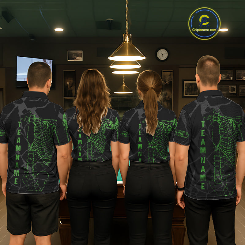 Black And Green Funny Skeleton Billiard Polo & 1/4 Zip For Men Custom Billiard Pool Team Jersey TDM5797