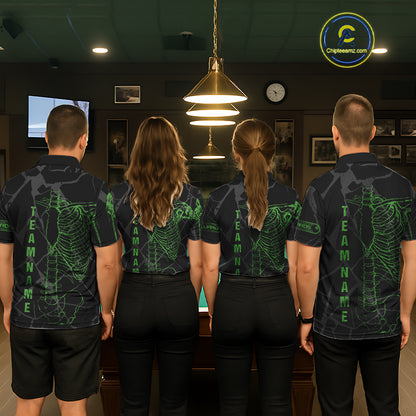 Black And Green Funny Skeleton Billiard Polo & 1/4 Zip For Men Custom Billiard Pool Team Jersey TDM5797