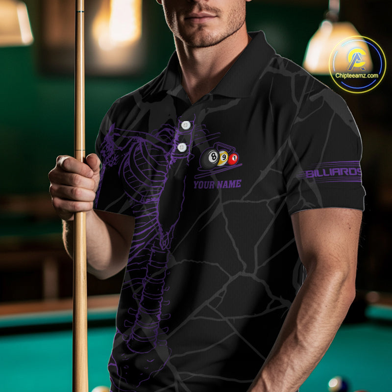 Black And Purple Funny Skeleton Billiard Polo & 1/4 Zip For Men Custom Billiard Pool Team Jersey TDM5798
