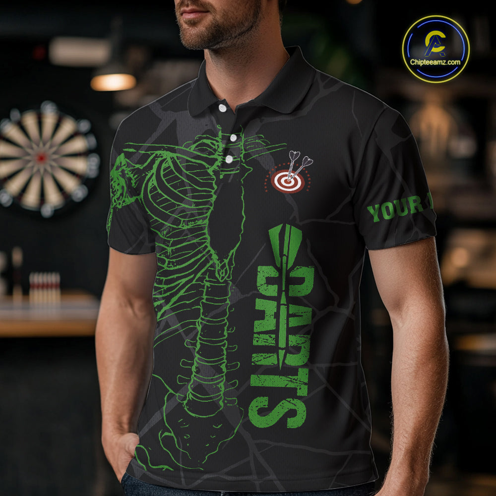 Black And Green Funny Skeleton Darts Polo & 1/4 Zip Custom Darts Shirt For Men Darts Team Jersey TDM5799