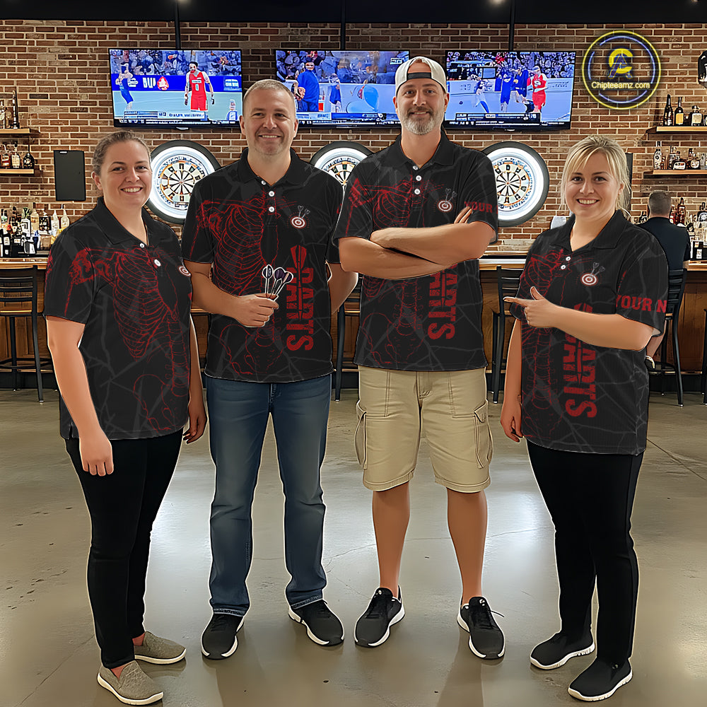 Black And Red Funny Skeleton Darts Polo & 1/4 Zip Custom Darts Shirt For Men Darts Team Jersey TDM5800