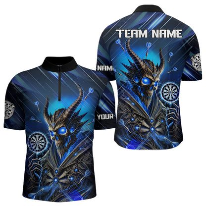 Personalized Blue Glowing Grim Reaper Dart Shirt Polo, Quarter Zip For Men Custom Skull Dart Jersey TDM3640