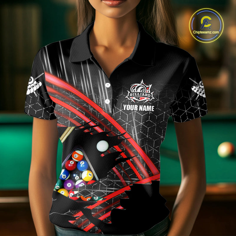 Personalized Billiard Shirts For Women Custom 8 Ball Pool Team Jersey Polo & 1/4 Zip | Red TDM6172