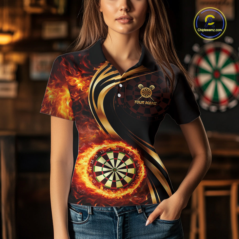 Personalized Fire Flame Darts Shirt For Women Custom Golden Darts Team Jersey Polo & 1/4 Zip TDM6174