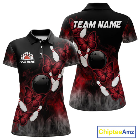 Black And Red Custom Butterfly Bowling Shirt For Women, Bowling Team Jersey Polo & Quarter Zip Shirt TDM6179