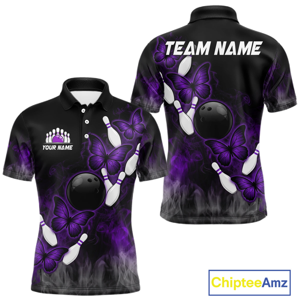Black And Purple Custom Butterfly Bowling Shirt For Men, Bowling Team Jersey Polo & 1/4 Zip Shirt TDM6180