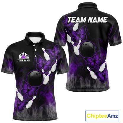 Black And Purple Custom Butterfly Bowling Shirt For Men, Bowling Team Jersey Polo & 1/4 Zip Shirt TDM6180