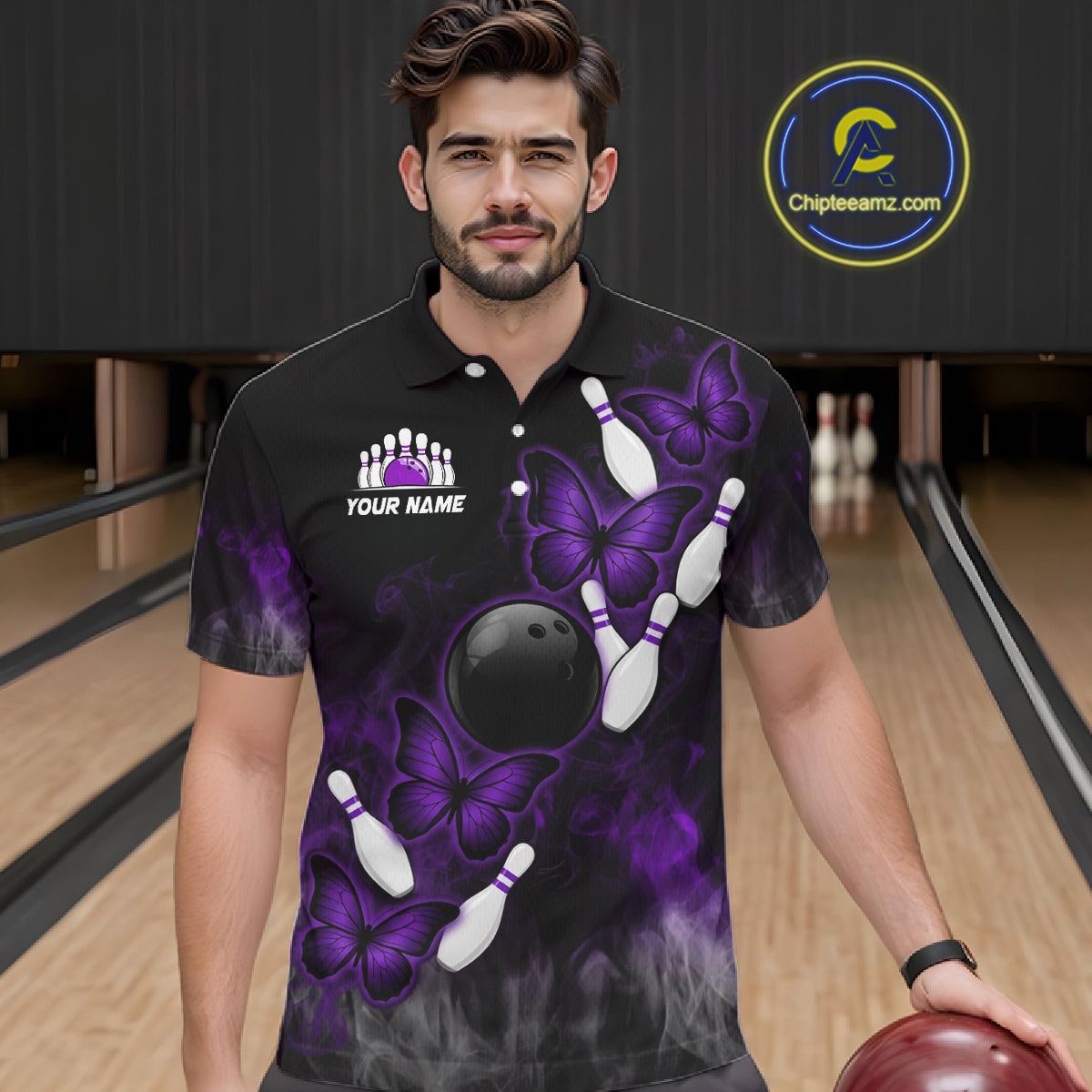 Black And Purple Custom Butterfly Bowling Shirt For Men, Bowling Team Jersey Polo & 1/4 Zip Shirt TDM6180