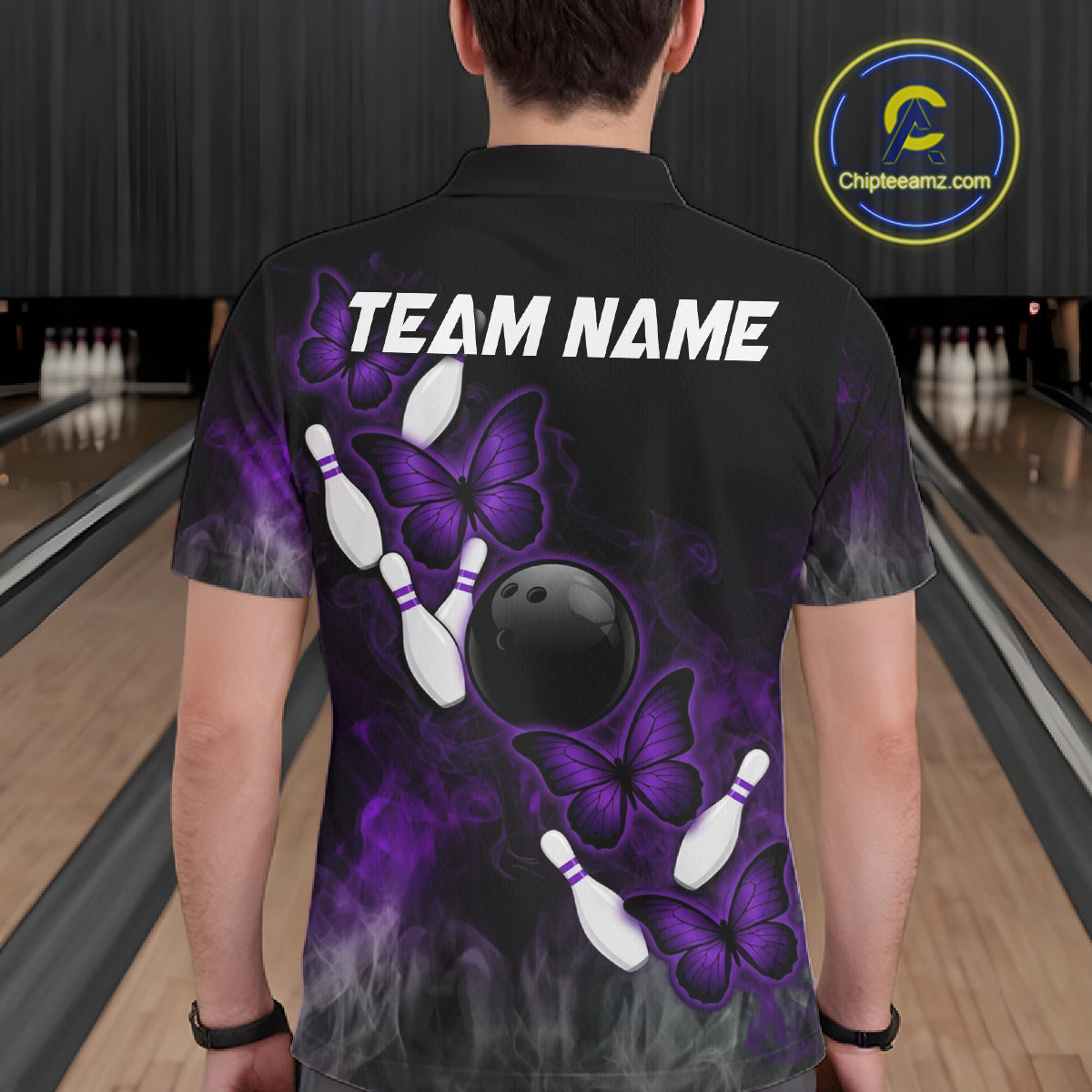 Black And Purple Custom Butterfly Bowling Shirt For Men, Bowling Team Jersey Polo & 1/4 Zip Shirt TDM6180