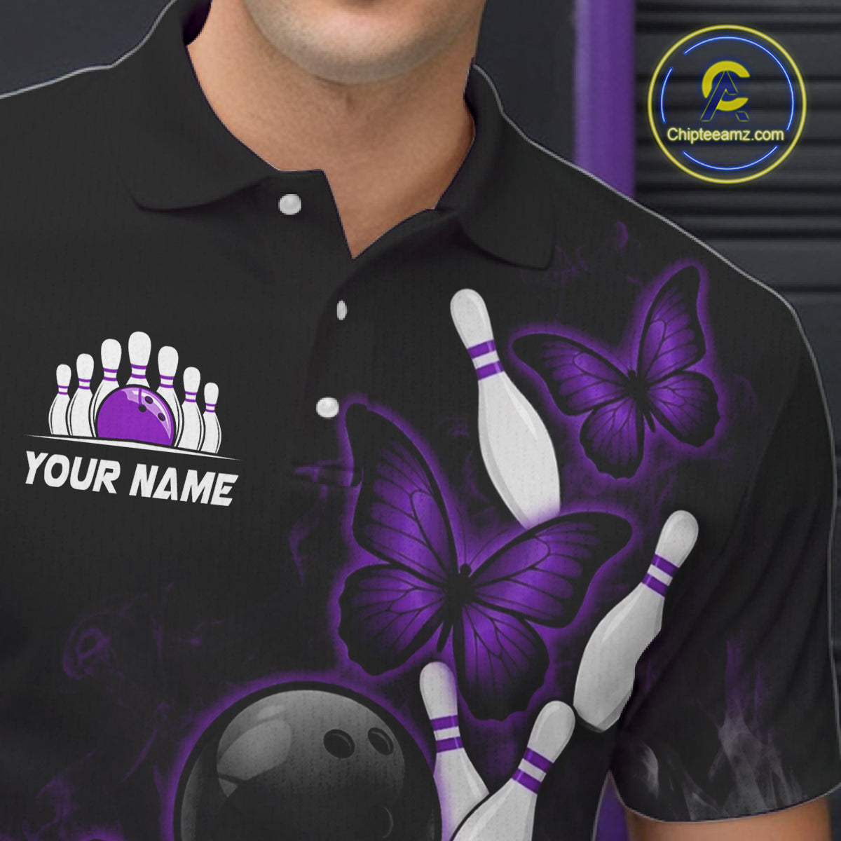 Black And Purple Custom Butterfly Bowling Shirt For Men, Bowling Team Jersey Polo & 1/4 Zip Shirt TDM6180