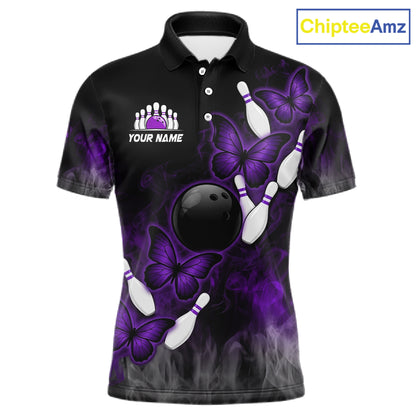 Black And Purple Custom Butterfly Bowling Shirt For Men, Bowling Team Jersey Polo & 1/4 Zip Shirt TDM6180