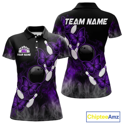 Black And Purple Custom Butterfly Bowling Shirt For Women, Bowling Team Jersey Polo & 1/4 Zip Shirt TDM6180
