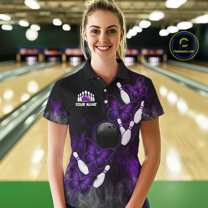 Black And Purple Custom Butterfly Bowling Shirt For Women, Bowling Team Jersey Polo & 1/4 Zip Shirt TDM6180